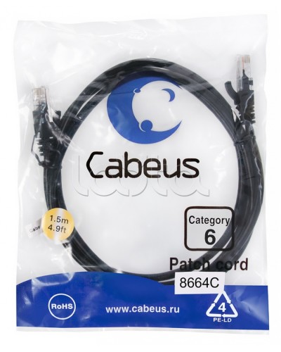 Патч-корд UTP, категория 6, 1.5 м, неэкранированный, черный Cabeus PC-UTP-RJ45-Cat.6-1.5m-BK в Сергиевом Посаде Патчкорды (медные) Pintop.ru