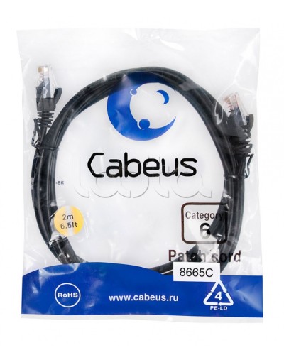 Патч-корд UTP, категория 6, 2 м, неэкранированный, черный Cabeus PC-UTP-RJ45-Cat.6-2m-BK в Сергиевом Посаде Патчкорды (медные) Pintop.ru