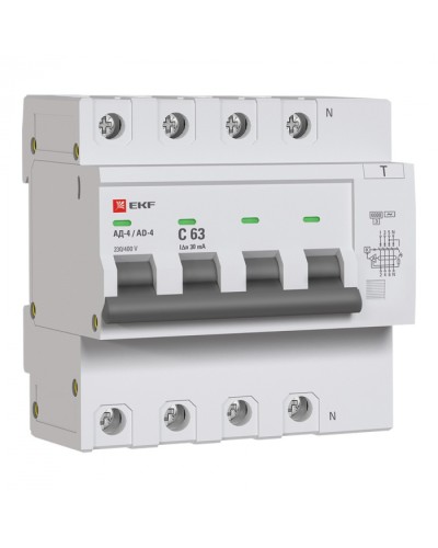 Дифференциальный автомат АД-4 63А/ 30мА (хар. C, AC, электронный) 6кА EKF PROxima (DA4-6-63-30-pro) в Сергиевом Посаде Электротехническое оборудование Pintop.ru