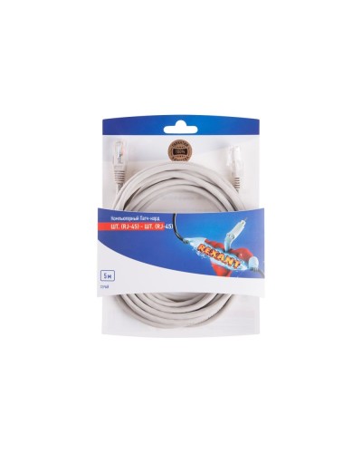 Патч-корд U/UTP RJ45-RJ45, CAT 5e, PVC, серый, 5м REXANT 06-3204 в Сергиевом Посаде Патчкорды (медные) Pintop.ru