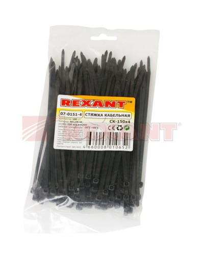 Хомут-стяжка нейлоновый 4х150 мм чёрный (100шт/уп) REXANT 07-0151-4 в Сергиевом Посаде Стяжки-хомуты Pintop.ru